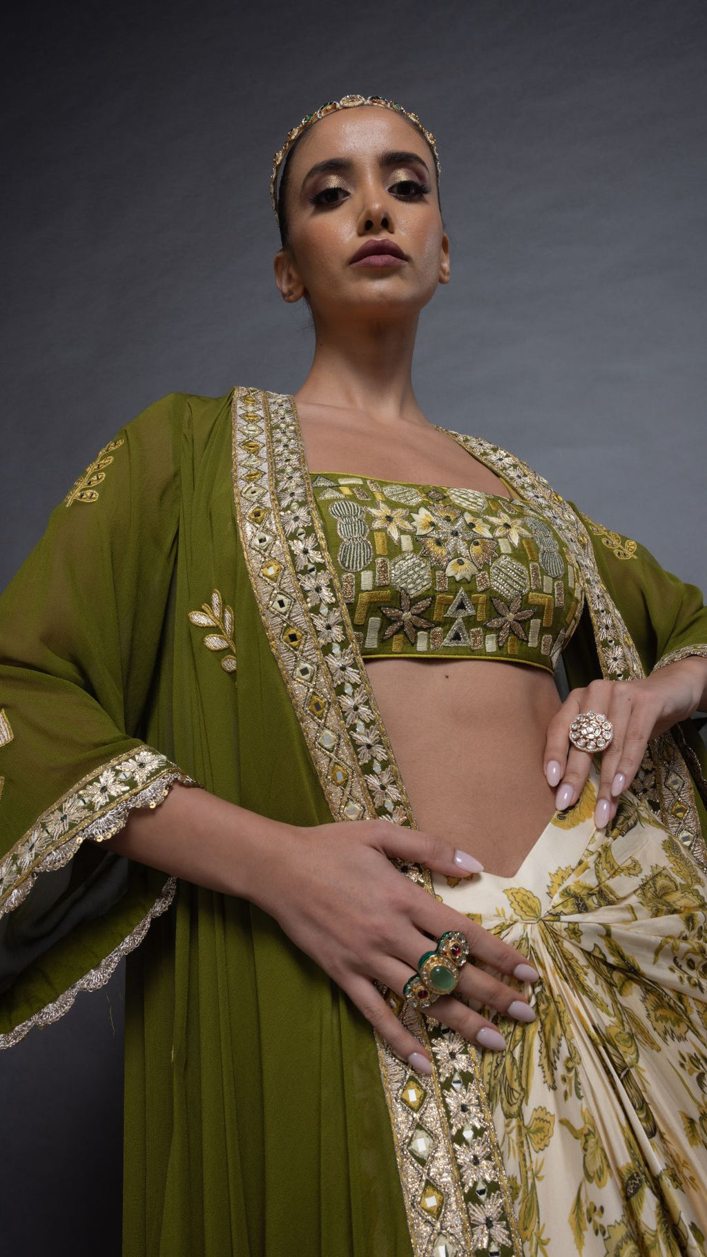 Solid Olive Embroidered Waterfall Cape with Embroiderd Bustier and Abstract Floral Printed Drape Skirt