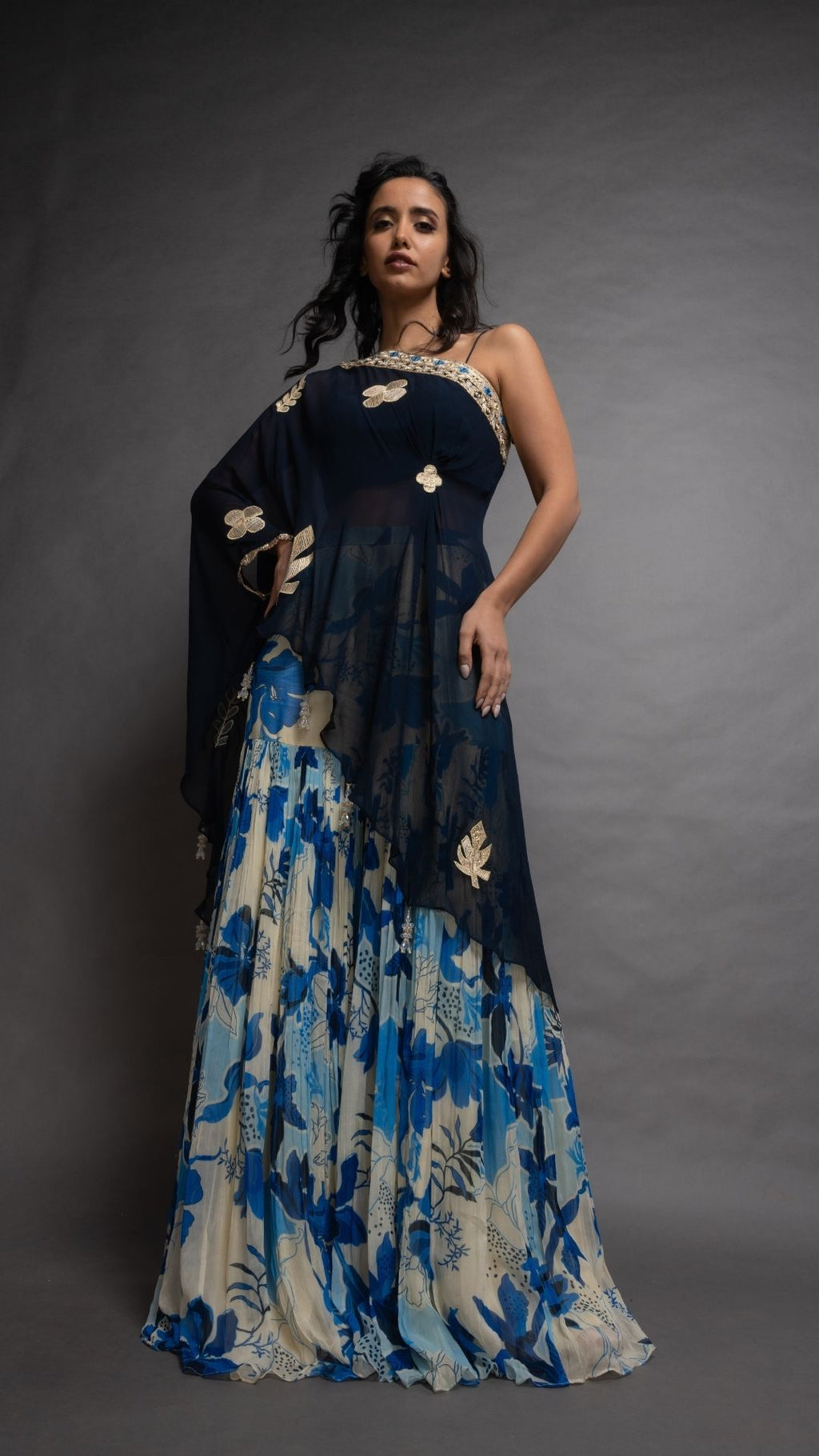 Blue One Shoulder Embroidered Short Poncho with Bustier and Printed Crushed Sharara