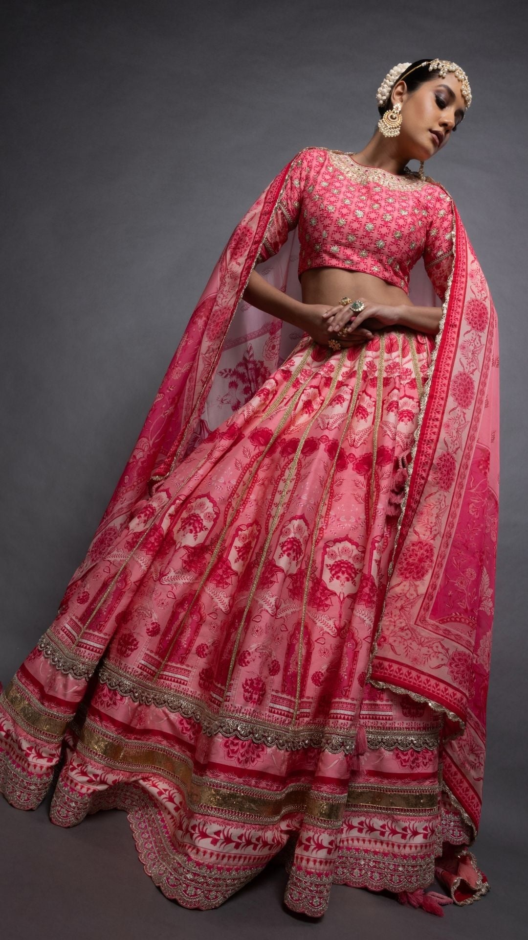Pink Floral Placement Printed Close Neck Half Sleeves Blouse with Floral Placement Printed Lehenga and Dupatta