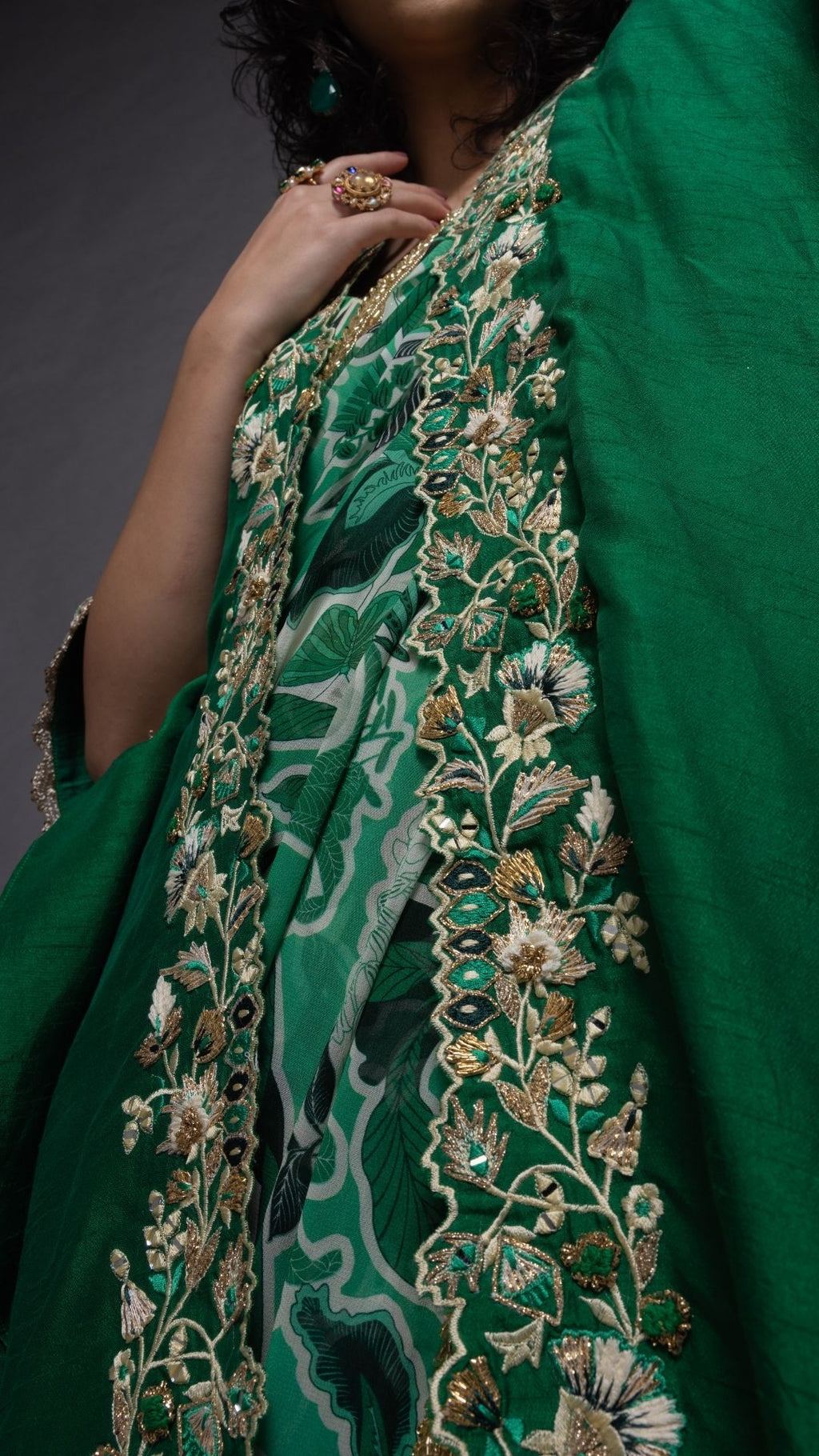 Green Printed Saree with Printed Bustier and Cutwork Cape With Slit Sleeve
