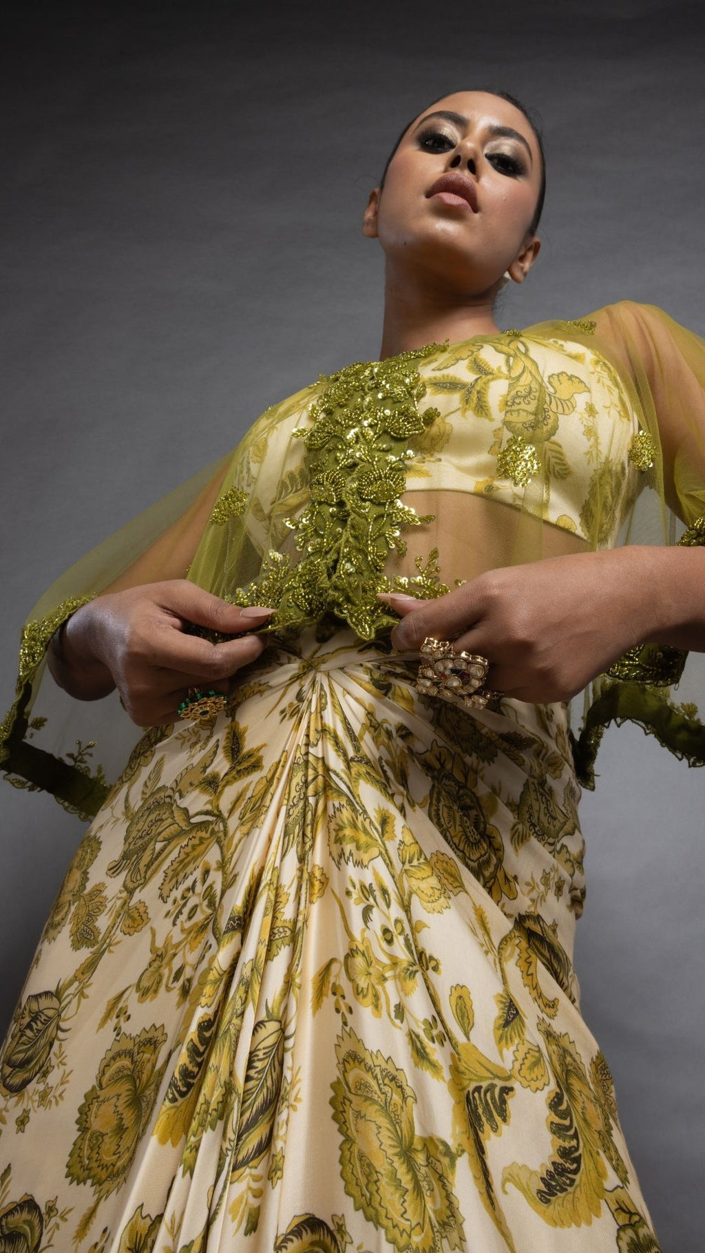 Solid Olive Embroidered Single Button Short Cape with Abstract Printed Bustier and Floral Abstract Printed Drape Skirt