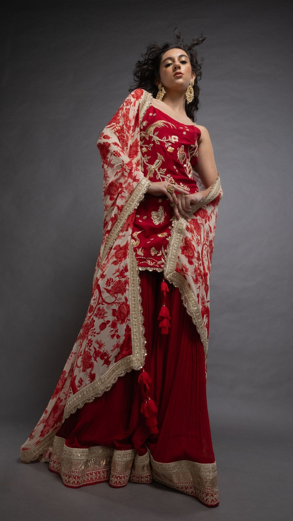 Red Noodle Strap Kurta with Sharara and Printed Dupatta
