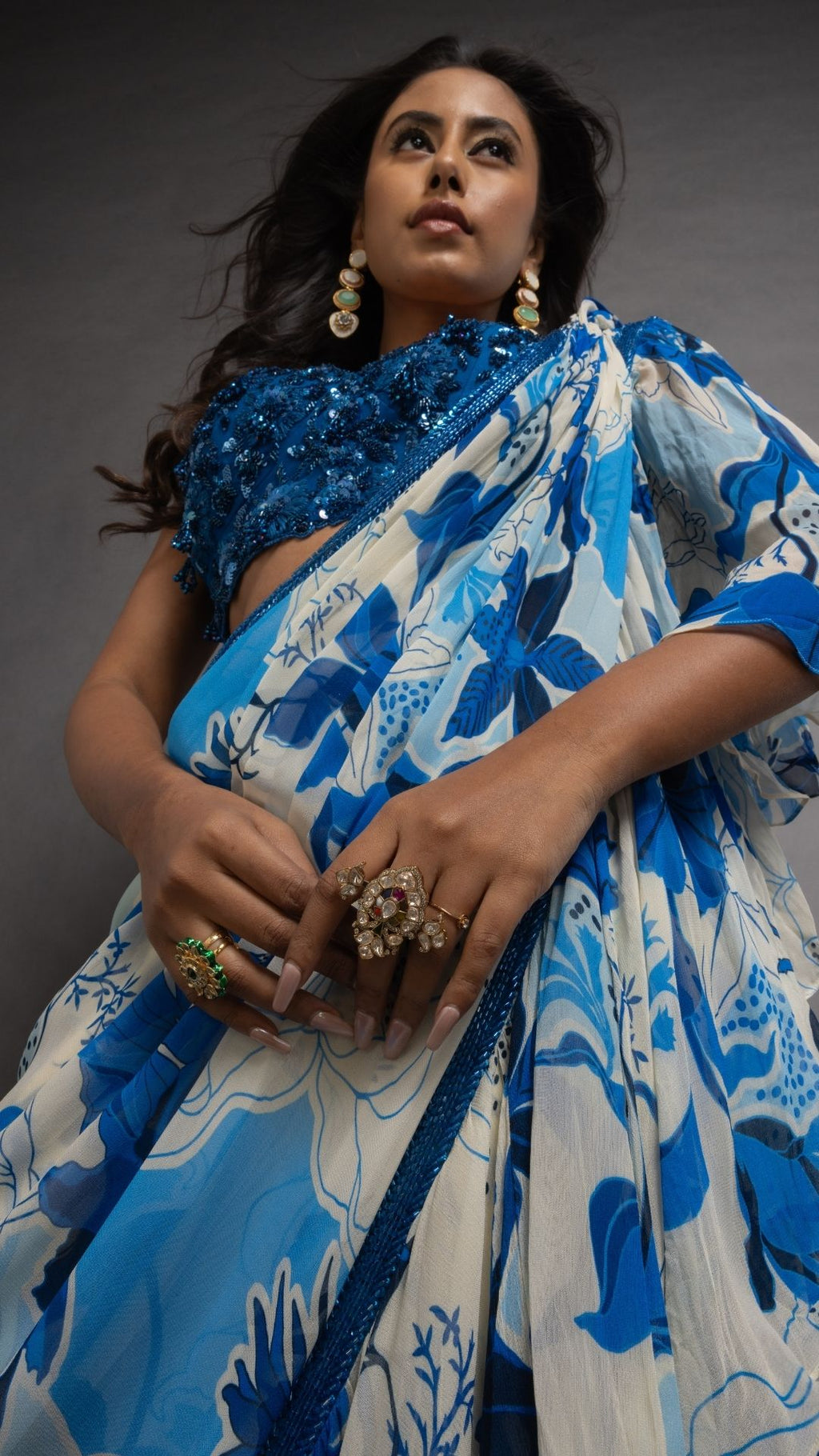 Royal Blue V-Neck Embroidered Cutwork Blouse with Blue Floral Abstract Printed Big Frill Saree