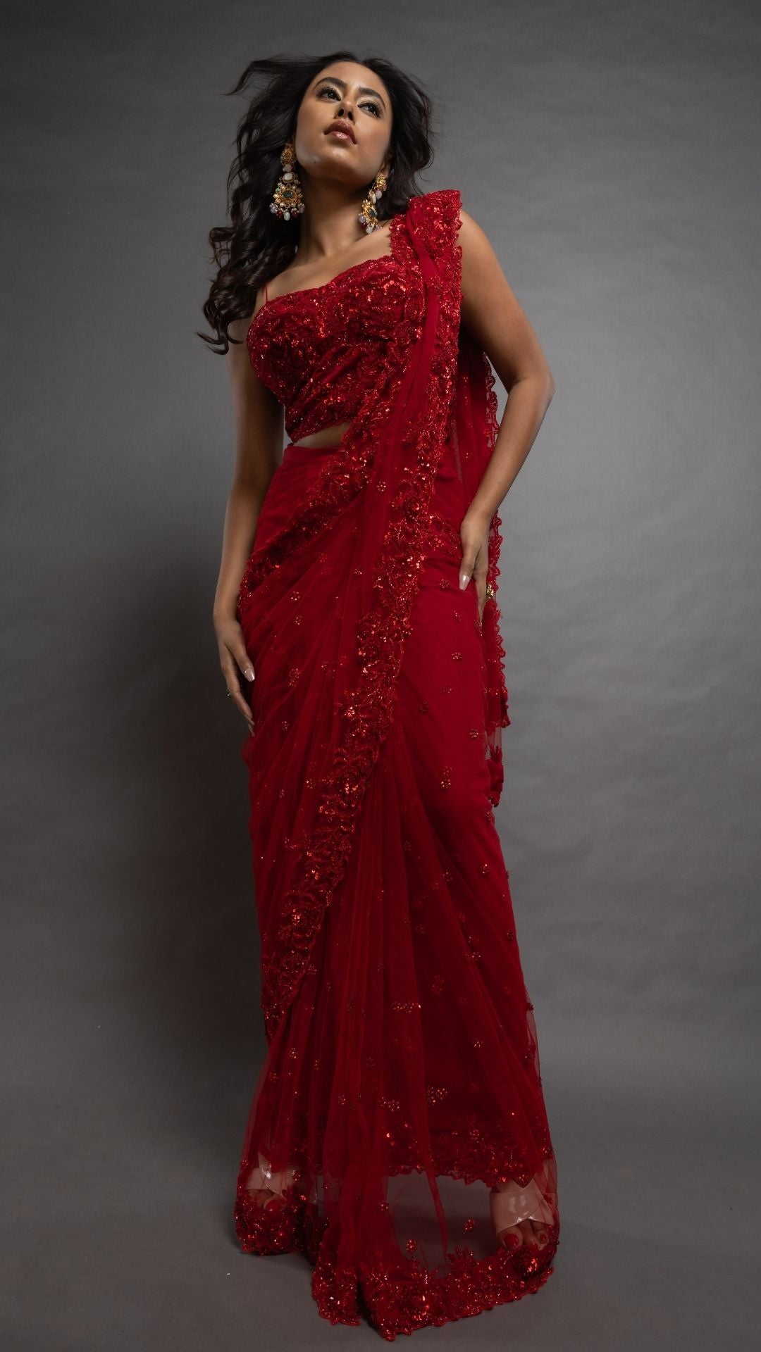 Red Embroidered Half Cup Bralette with Red Embroidered Pre-Stitched Saree