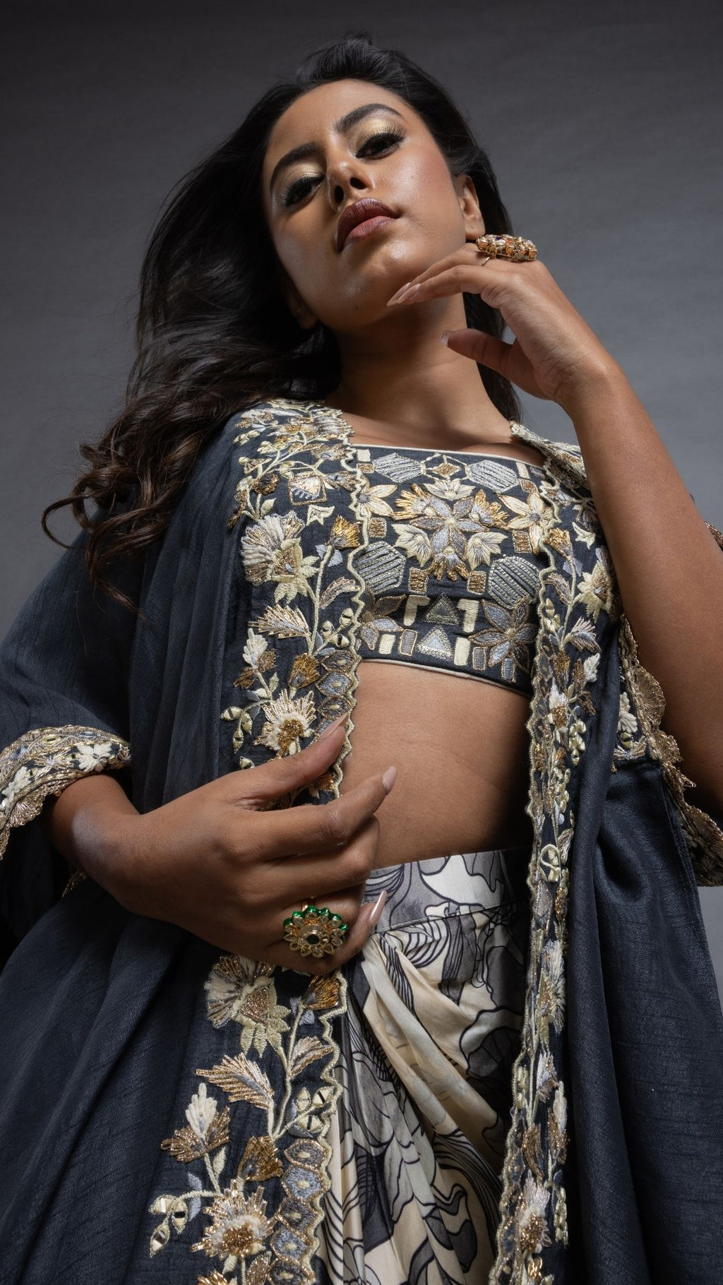 Grey Printed Saree with Printed Bustier and Cutwork Cape With Slit Sleeve