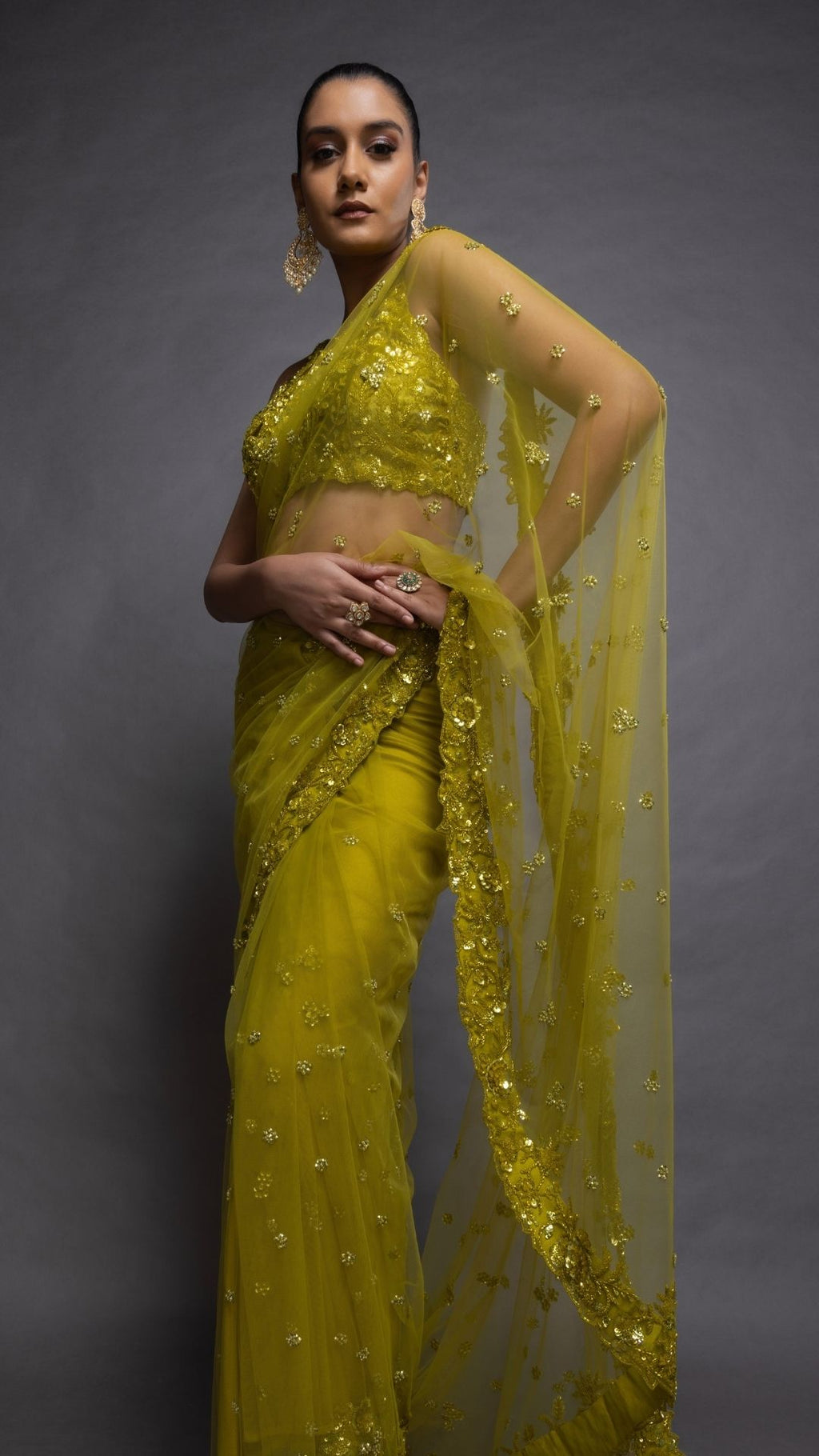 Lime Embroidered Halter Neck Blouse with Lime Embroidered Pre-Stitched Saree