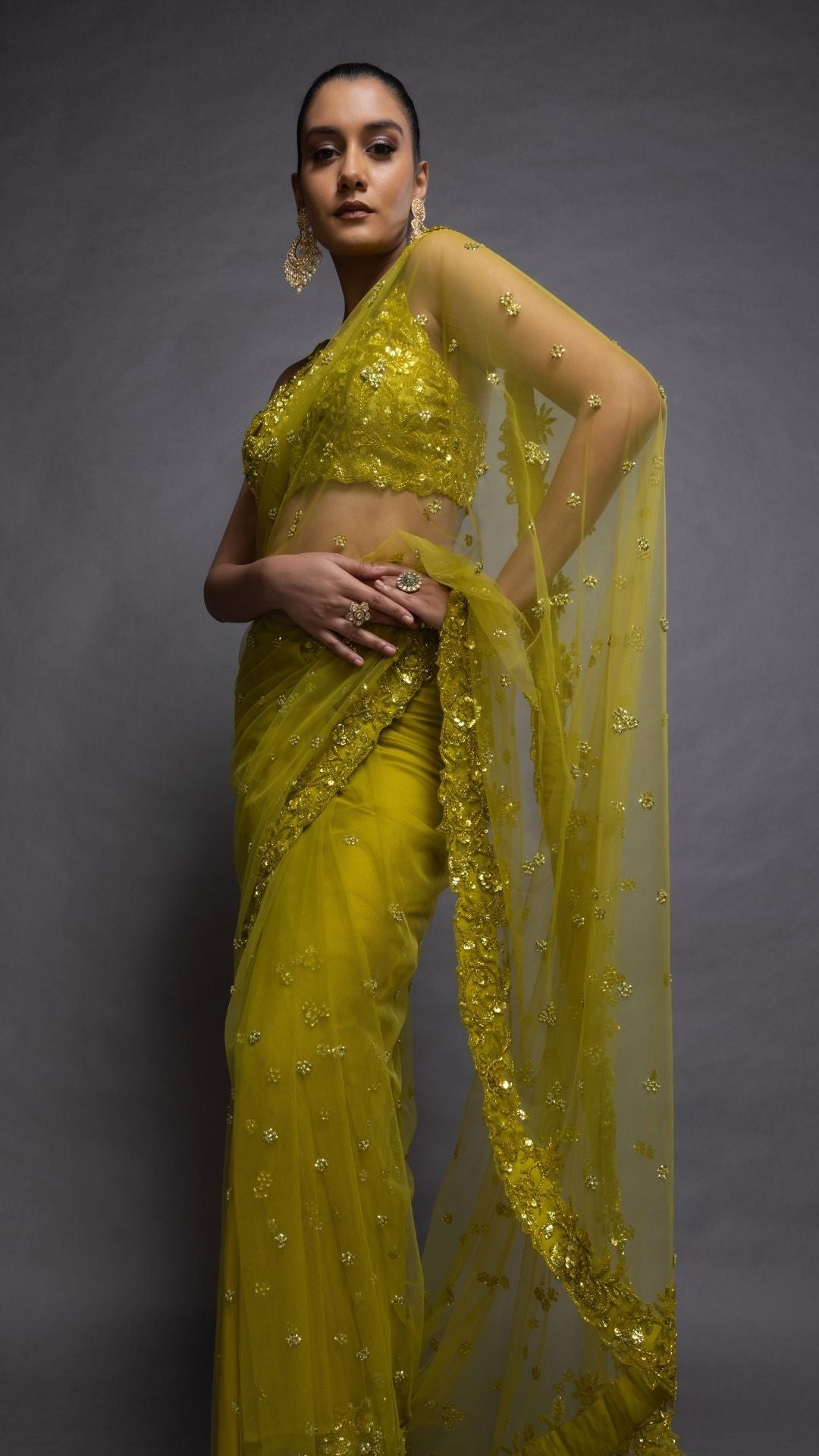 Lime Embroidered Halter Neck Blouse with Lime Embroidered Pre-Stitched Saree