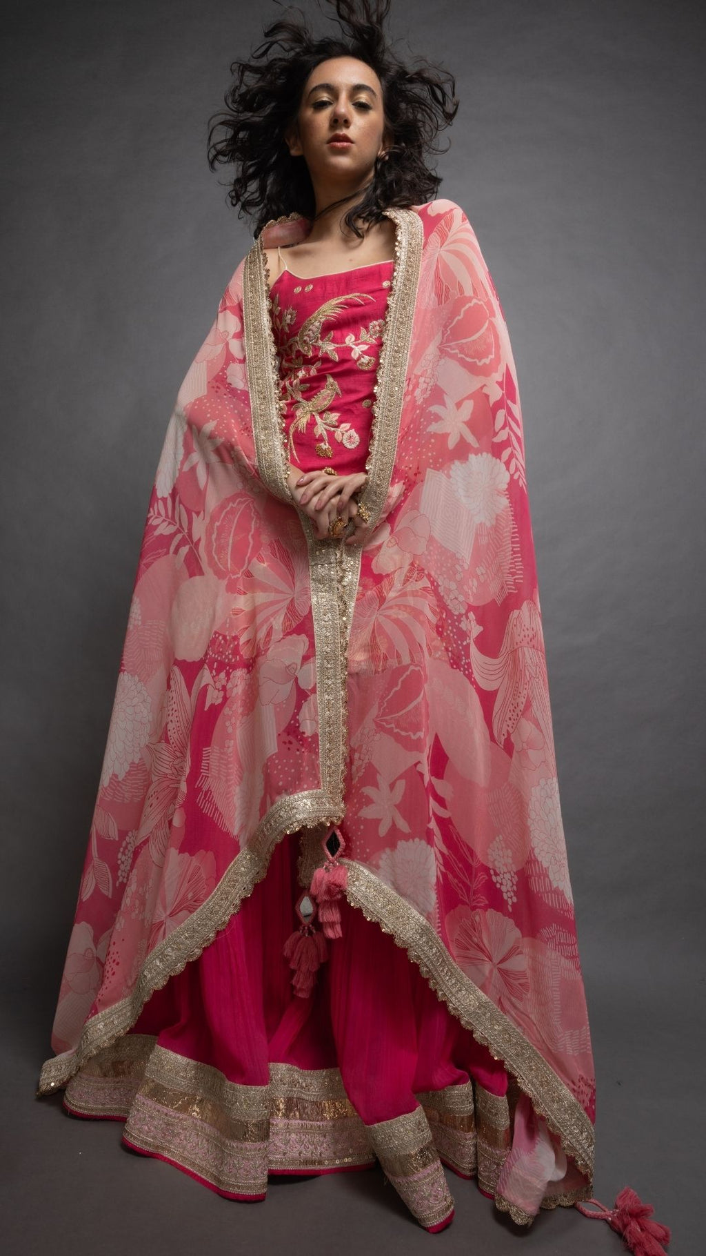 Pink Noodle Strap Kurta with Sharara and Printed Dupatta