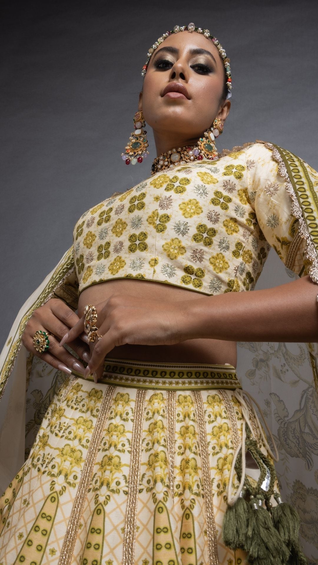 Olive Floral Placement Printed Close Neck Half Sleeves Blouse with Floral Placement Printed Lehenga and Dupatta