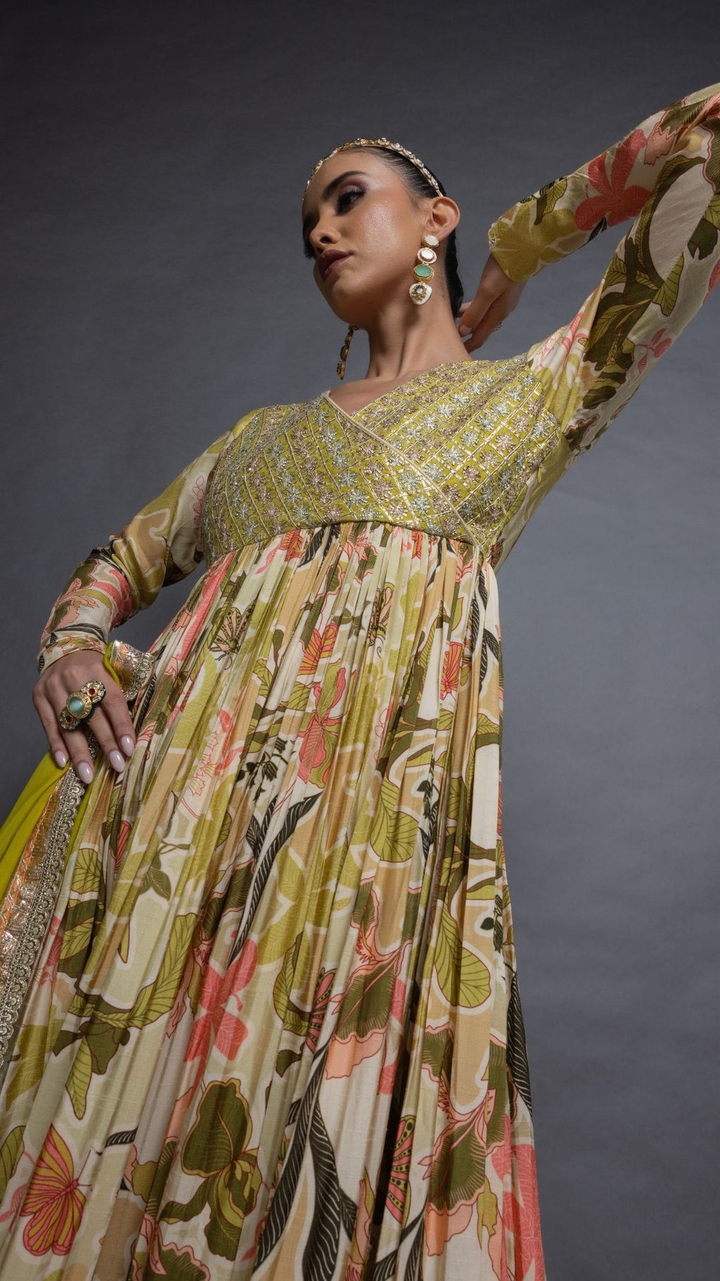 Lime Embroidered Mock Tie-Up Yoke and Floral Abstract Printed Angrakha with Solid Lime Pant and Dupatta