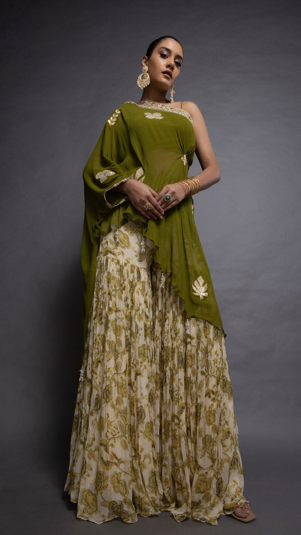 Olive One Shoulder Embroidered Short Poncho with Bustier and Printed Crushed Sharara