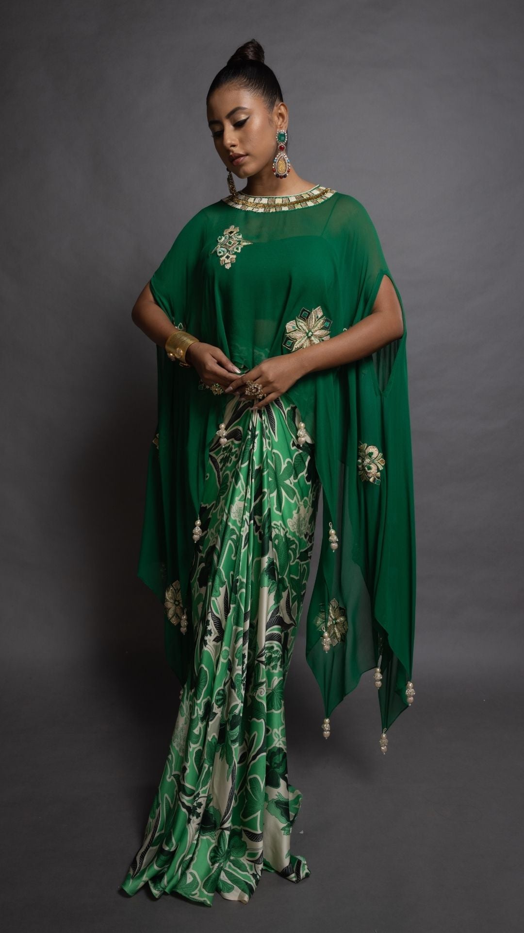 Green Embroidered Short Closed Neck Poncho with A Bustier and Floral Abstract Printed Drape Skirt