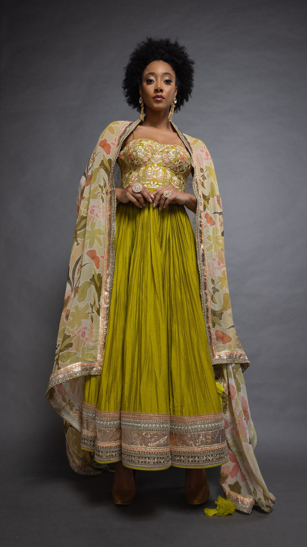 Lime Embroidered Half Cup Bralette Kalidar with Churidar and Printed Dupatta