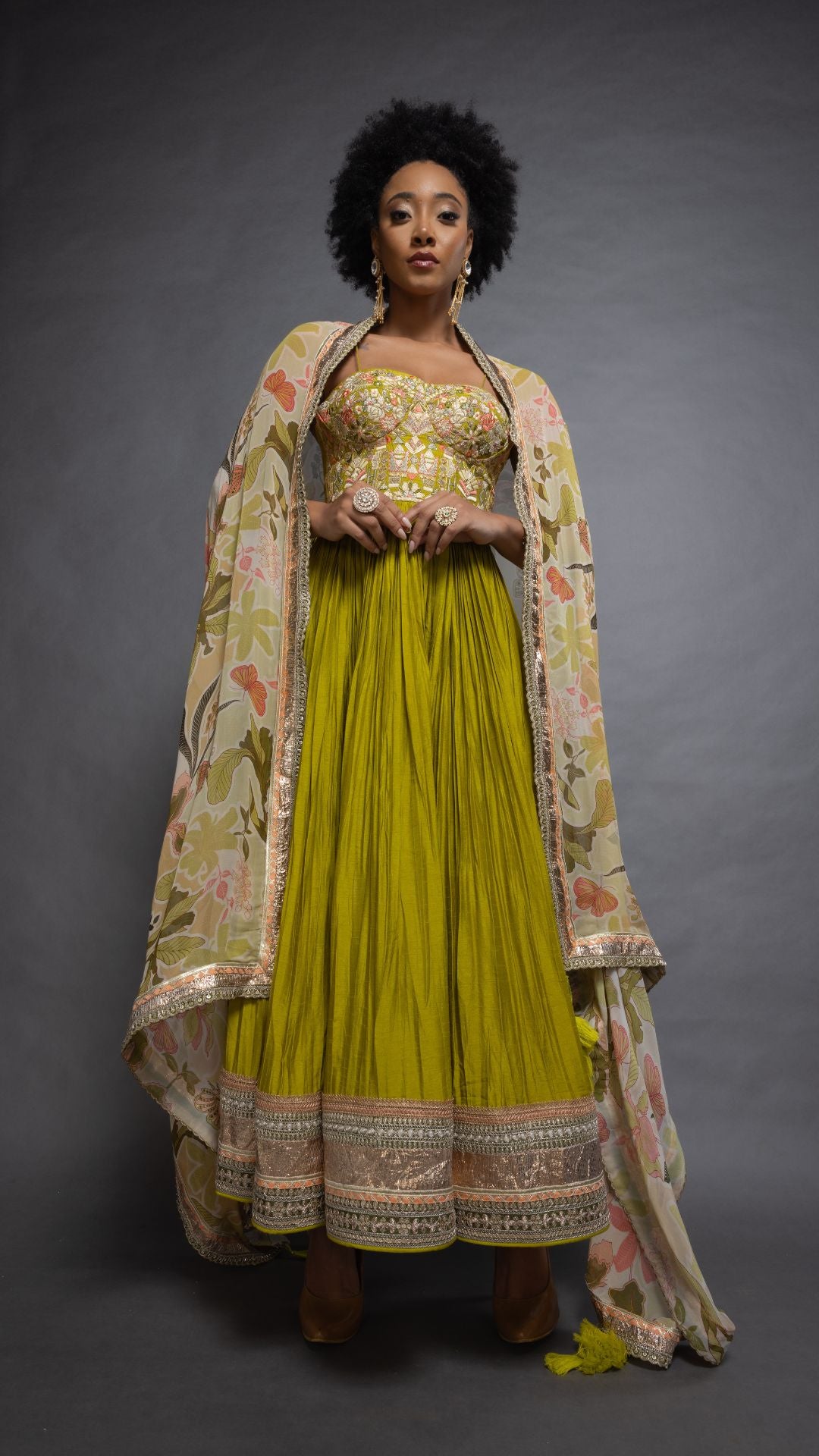 Lime Embroidered Half Cup Bralette Kalidar with Churidar and Printed Dupatta