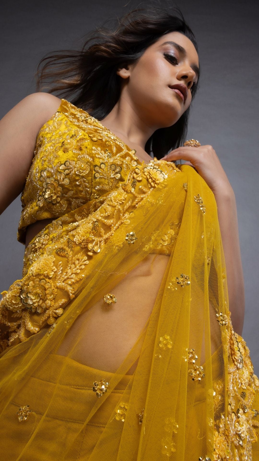Mustard Embroidered Tie-Up Choli with Mustard Embroidered Pre-Stitched Saree