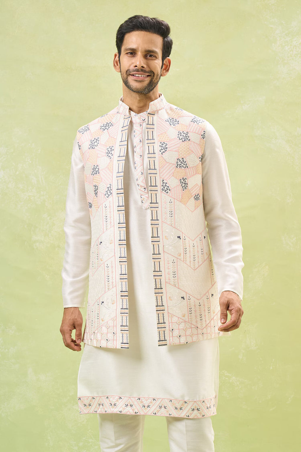 Off White Embroidered Kurta-Jacket Set