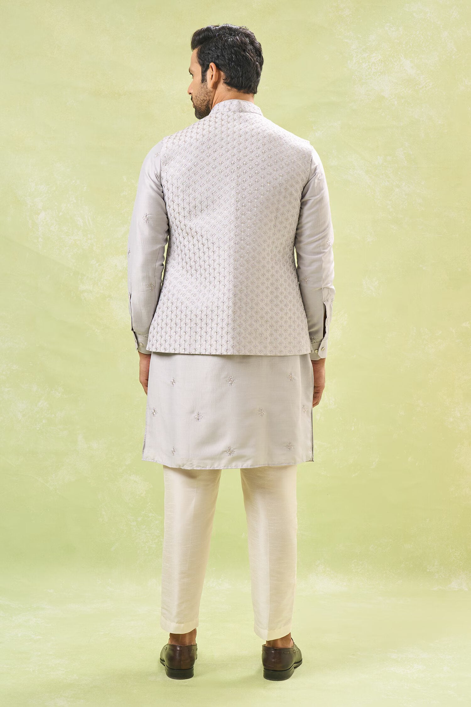 Grey Embroidered Kurta-Jacket Set