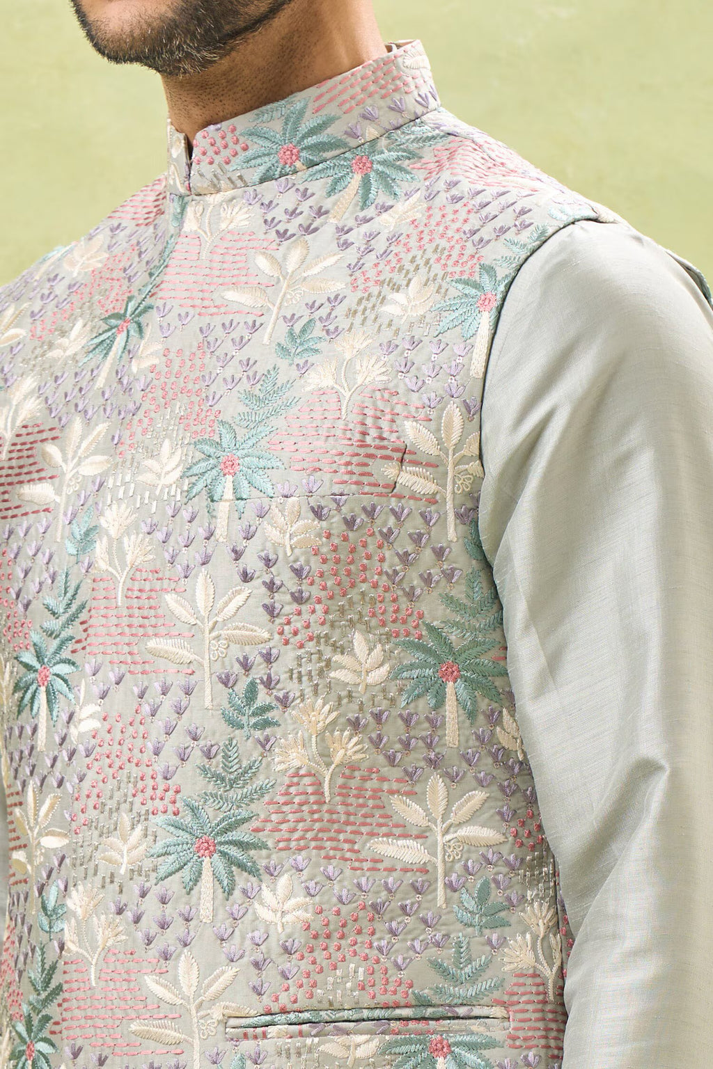 Grey Embroidered Kurta-Jacket Set