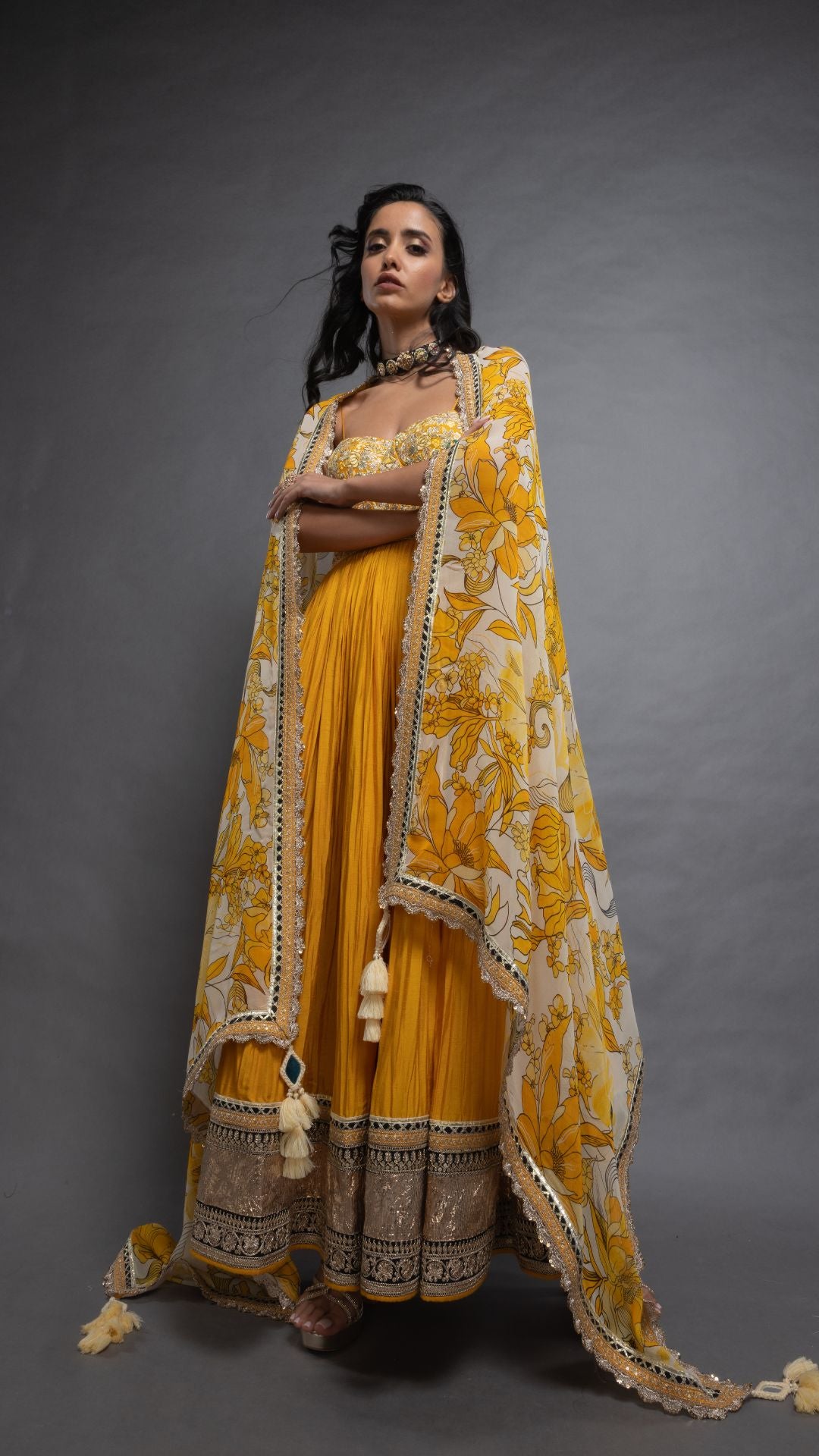 Musturd Embroidered Half Cup Bralette Kalidar with Churidar and Printed Dupatta
