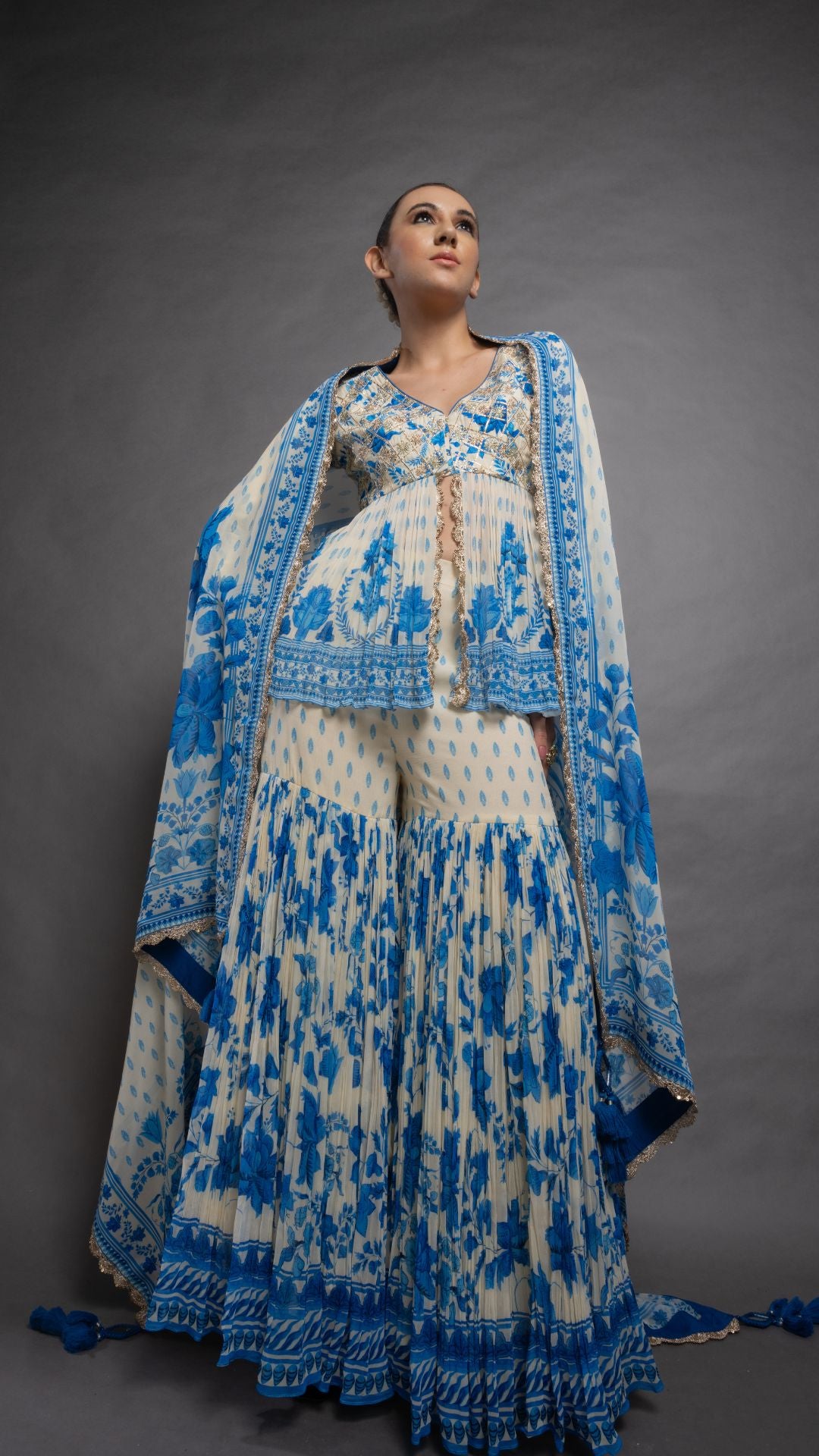 Blue Placement Printed Peplum Sharara and Dupatta
