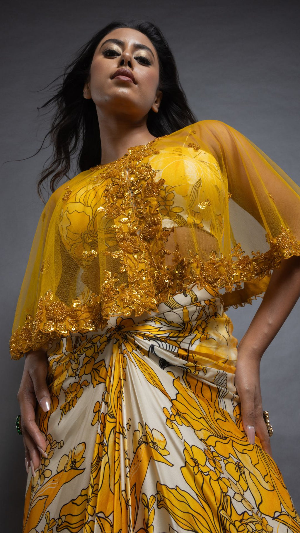 Solid Mustard Embroidered Single Button Short Cape with Abstract Printed Bustier and Floral Abstract Printed Drape Skirt