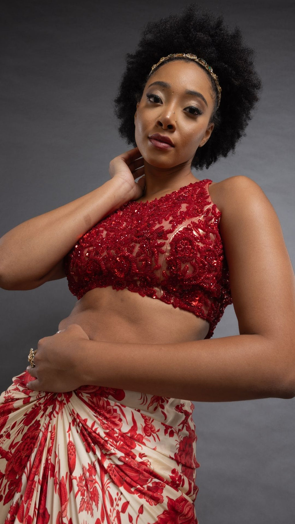 Red Hand Embroidered Halter Neck Top and Printed Drape Skirt