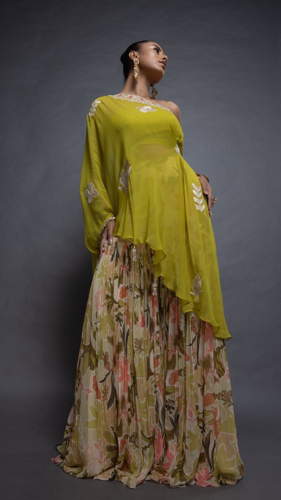 Lime Green One Shoulder Embroidered Short Poncho with Bustier and Printed Crushed Sharara