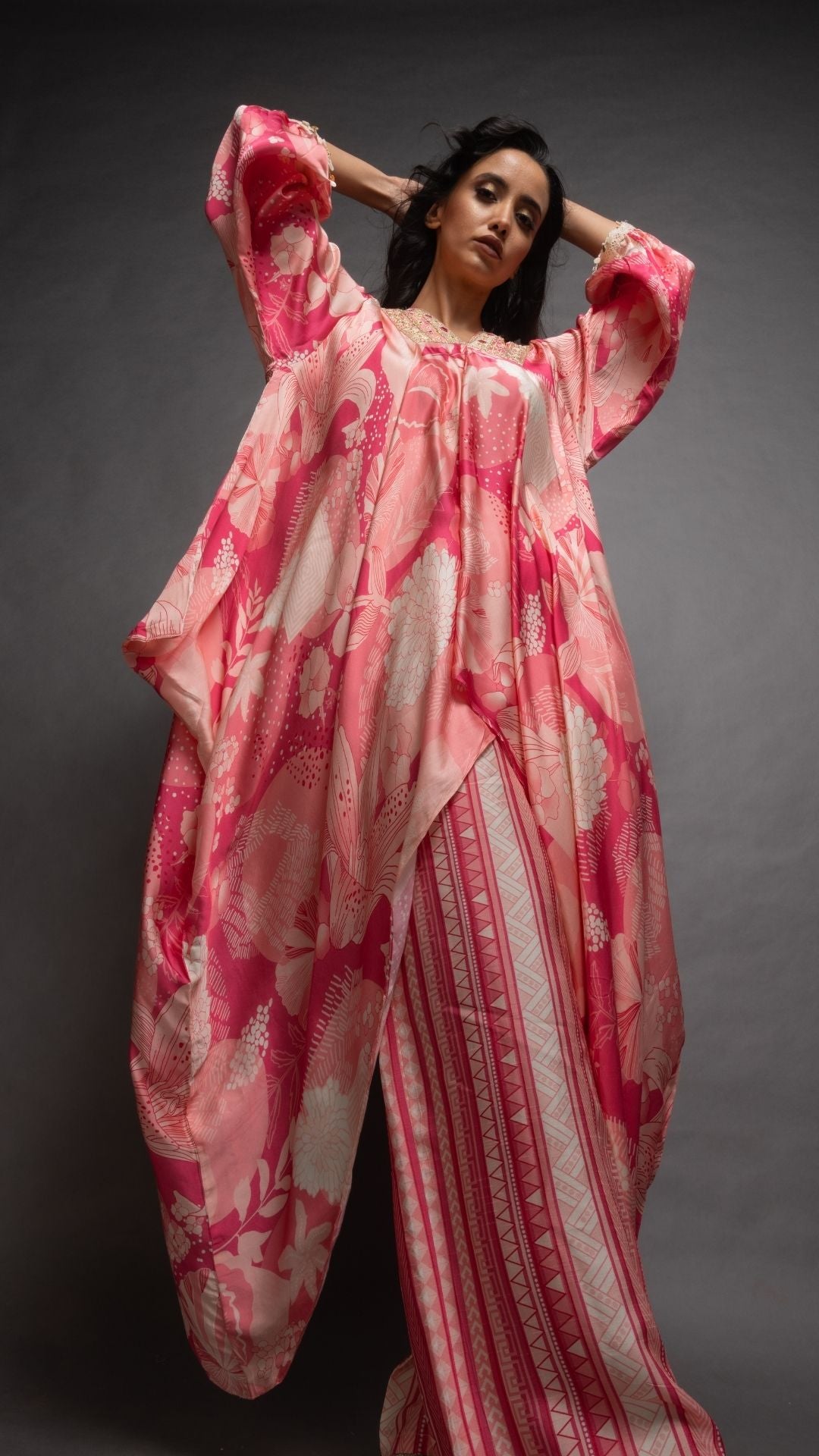 Pink Waterfall Floral Abstract Printed V-Neck Embroidered Top and Pant