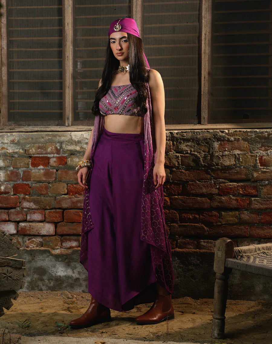 Bralet + Asymmetric pants + Shimmer jacket