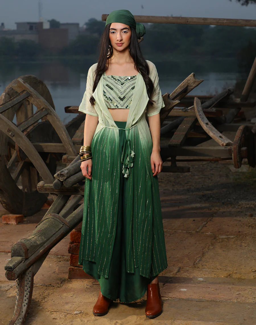 Bralet + Asymmetric pants + Shimmer kimono jacket