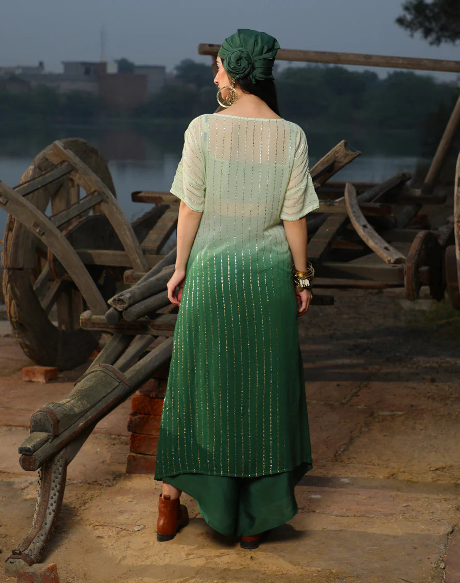 Bralet + Asymmetric pants + Shimmer kimono jacket