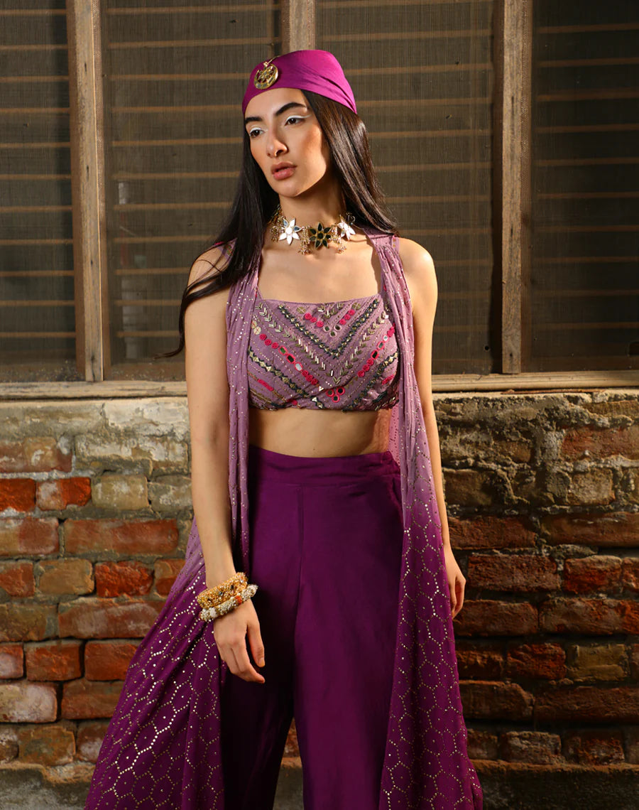 Bralet + Asymmetric pants + Shimmer jacket