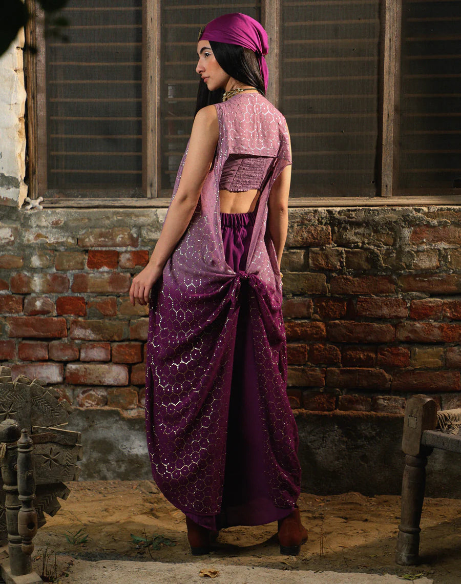 Bralet + Asymmetric pants + Shimmer jacket