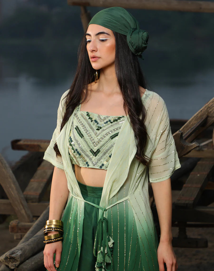 Bralet + Asymmetric pants + Shimmer kimono jacket