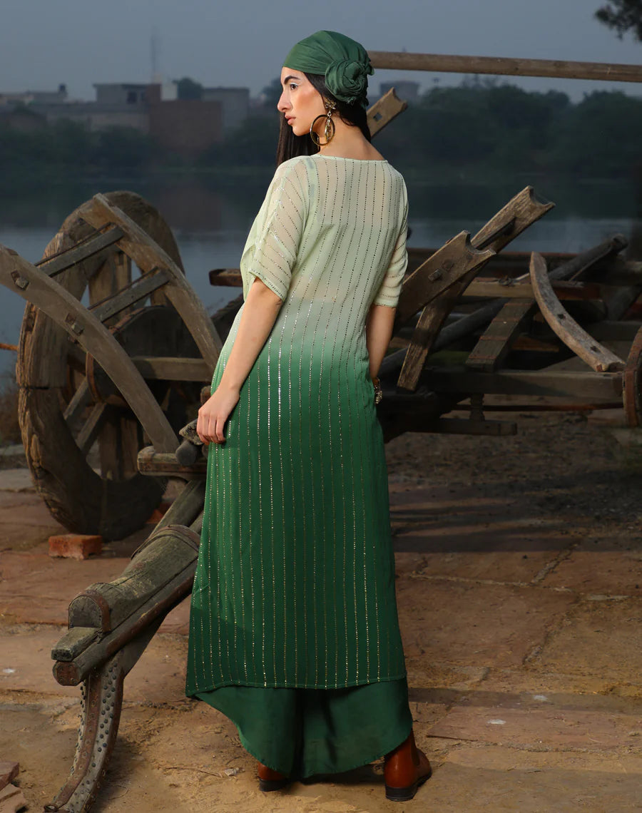 Bralet + Asymmetric pants + Shimmer kimono jacket