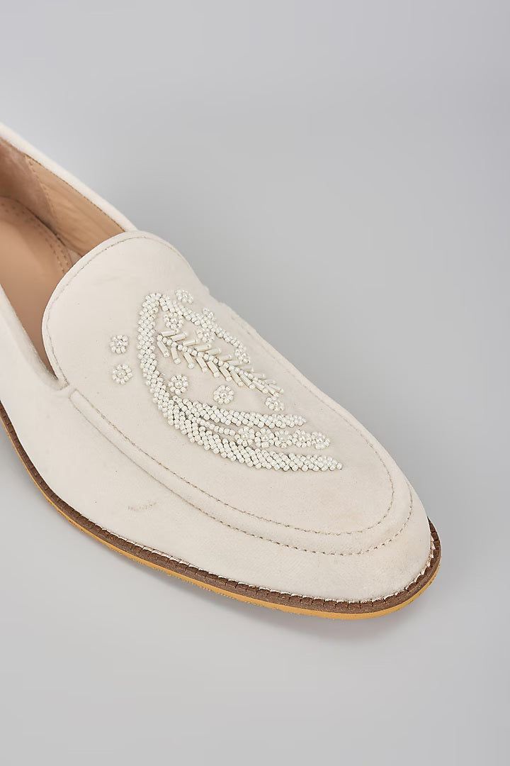 Off White Embroidered Loafers
