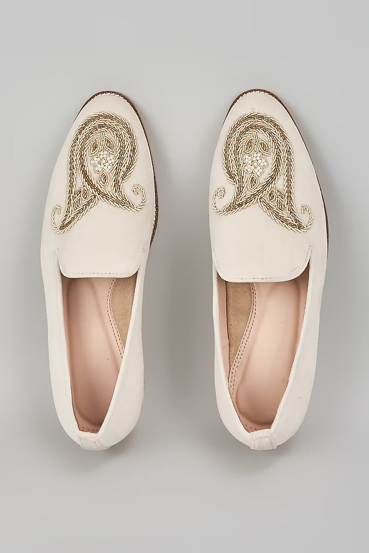 Off White Embroidered Loafers