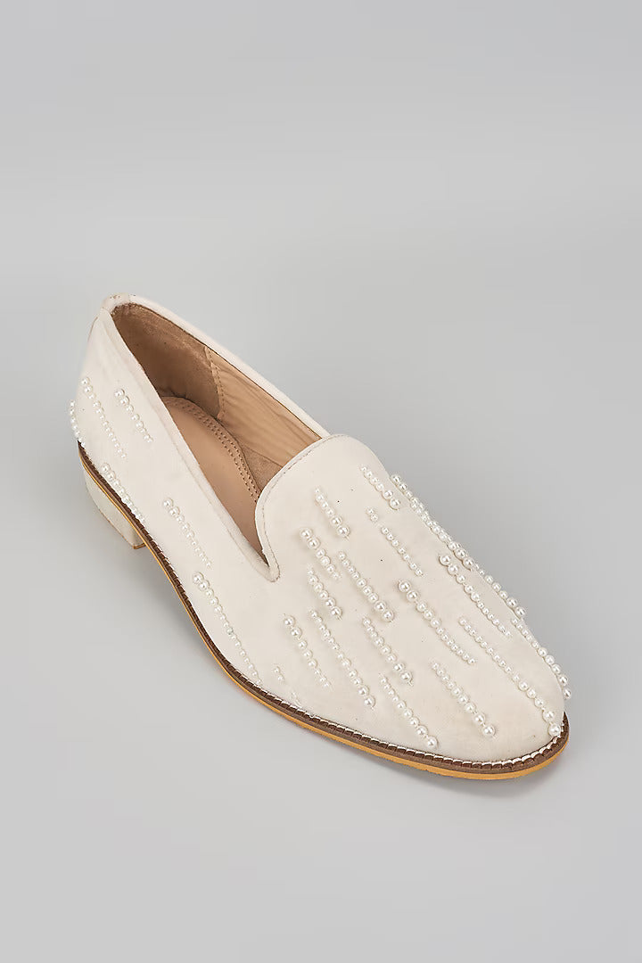 Off White Embroidered Loafers