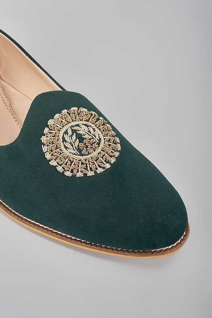 Emerald Green Embroidered Loafers