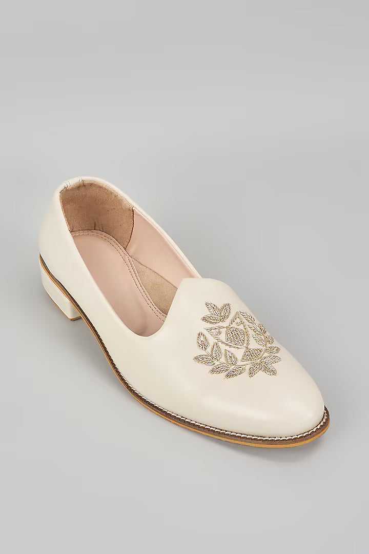 Off White Embroidered Loafers