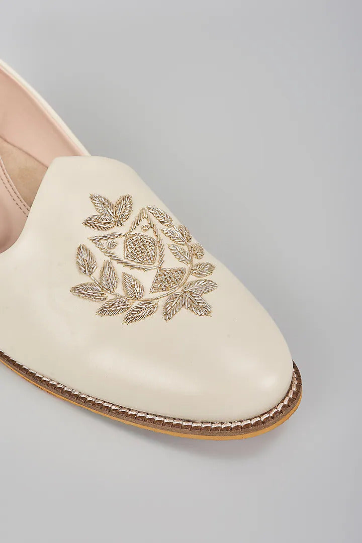 Off White Embroidered Loafers