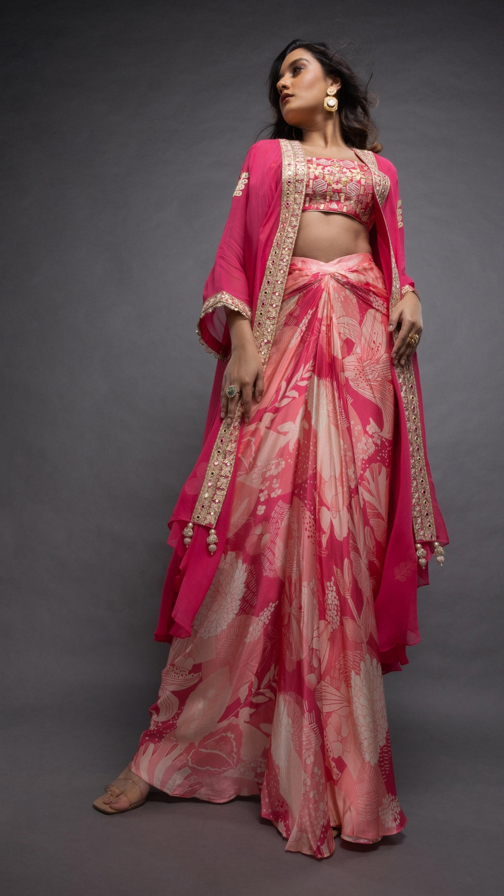 Pink Embroidered Waterfall Cape with Bustier and Abstract Floral Printed Drape Skirt