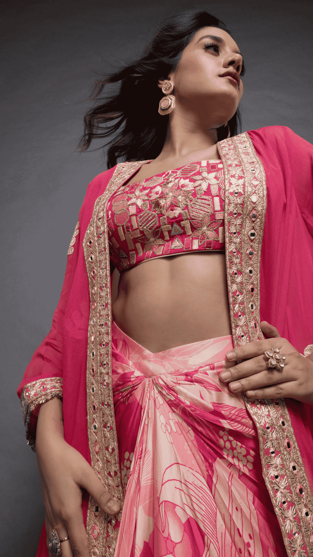 Pink Embroidered Waterfall Cape with Bustier and Abstract Floral Printed Drape Skirt