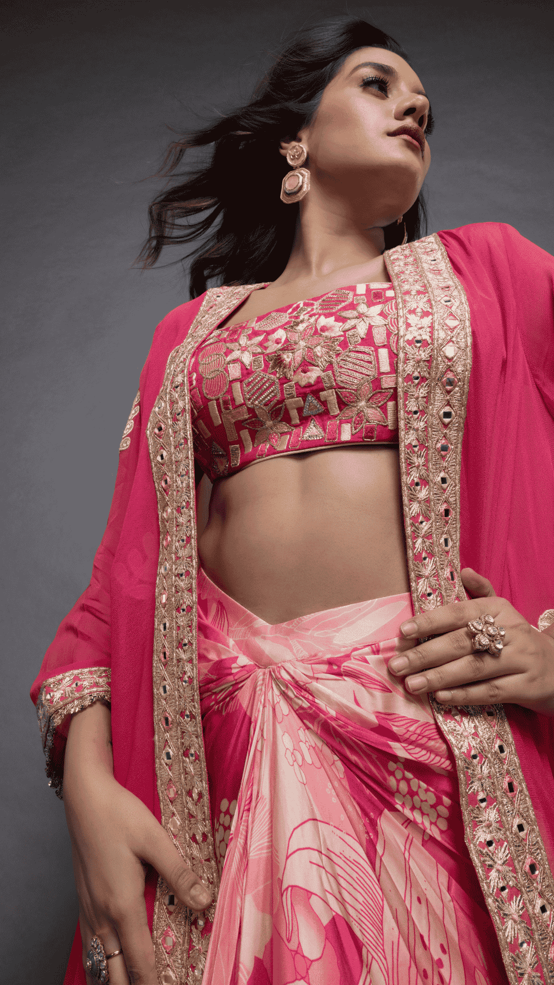 Pink Embroidered Waterfall Cape with Bustier and Abstract Floral Printed Drape Skirt