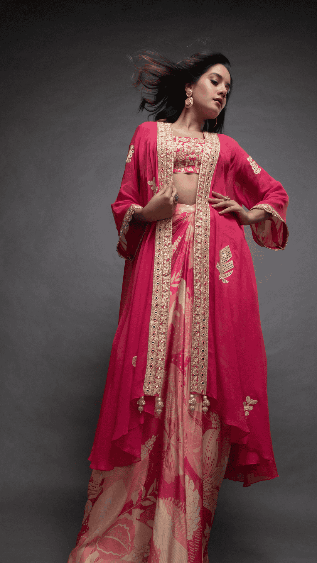 Pink Embroidered Waterfall Cape with Bustier and Abstract Floral Printed Drape Skirt