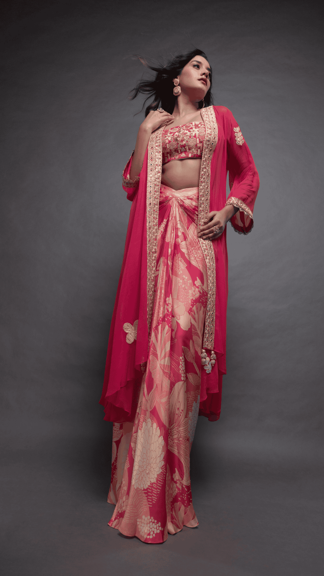 Pink Embroidered Waterfall Cape with Bustier and Abstract Floral Printed Drape Skirt