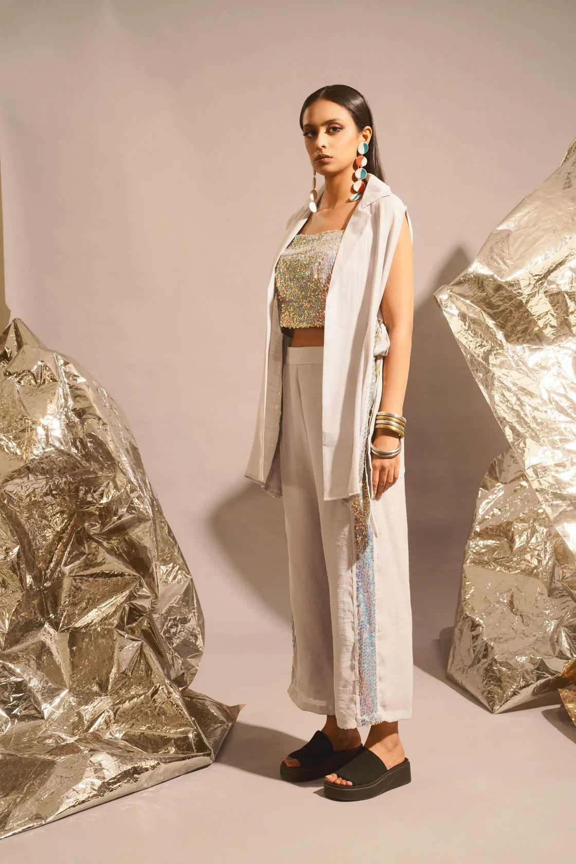 Sleevless Sequin Blazer Set