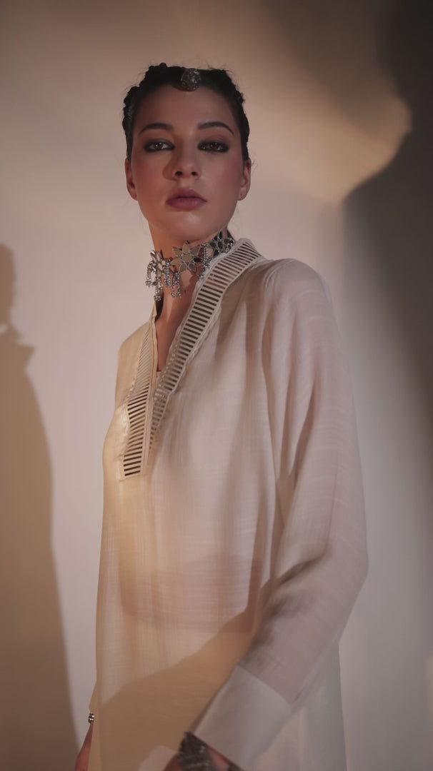 Overlap collar foil tunic set